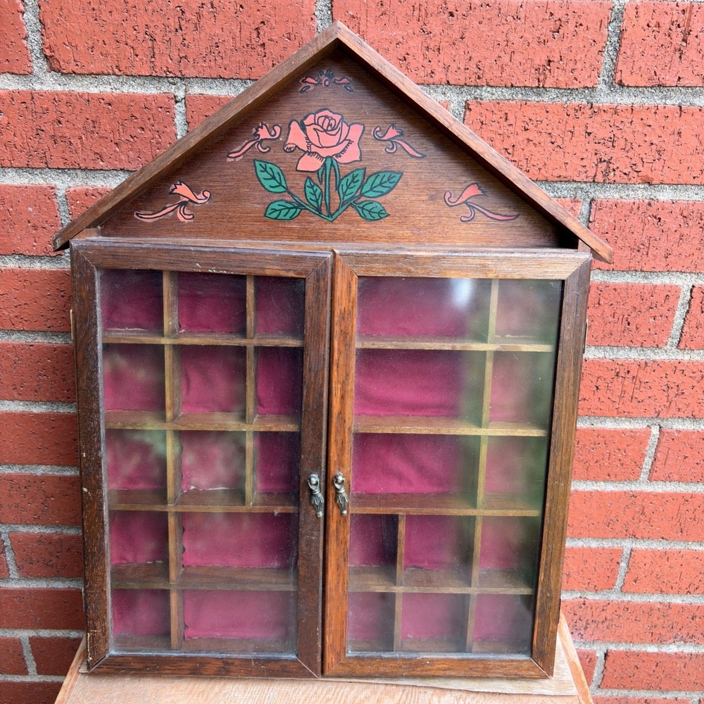 Vintage Wood Curio Display Wall Case Red Velvet Roses 19" Shadow Whimsigoth Y2K